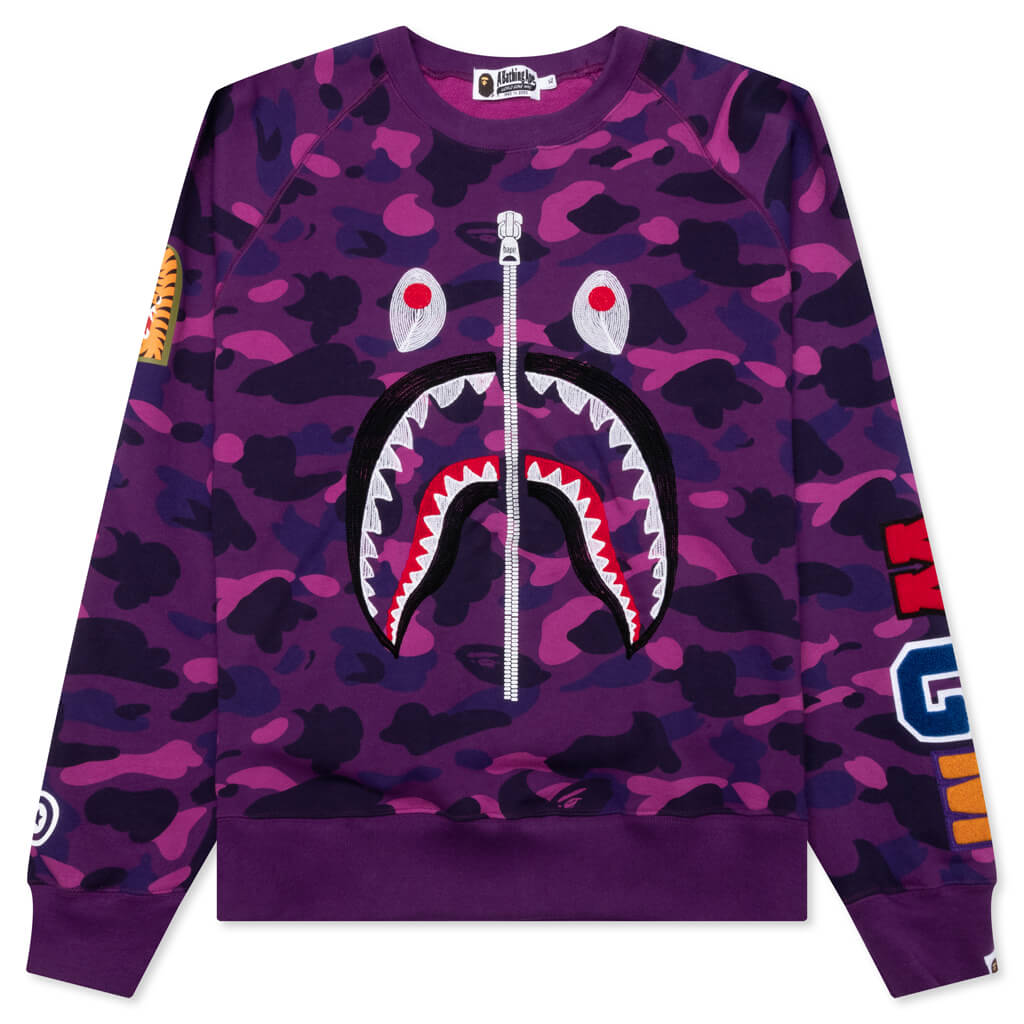 Color Camo Embroidery Shark Crewneck Purple - Main Image