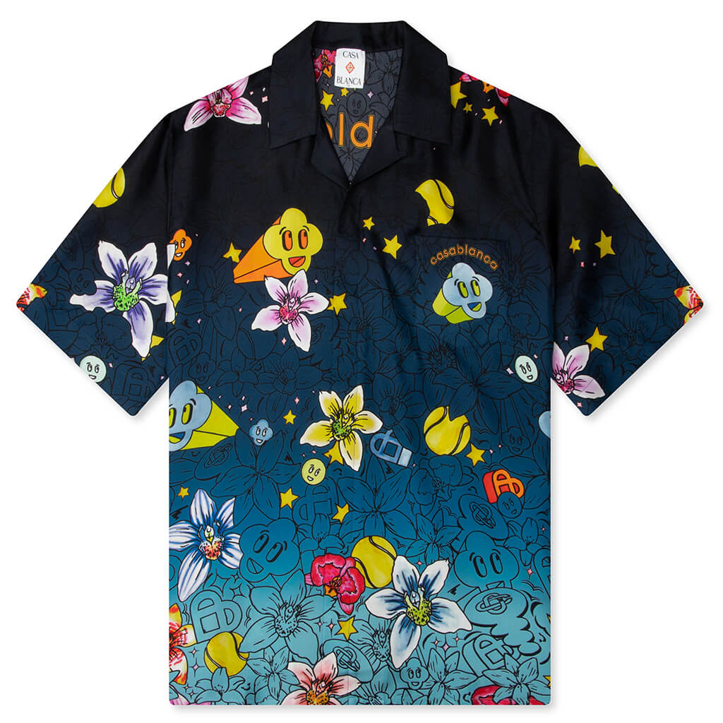 1990s J.FRANCOIS ビッグシャークカラー　シルクシャツ　イタリア製 Collage D'Icones Graphiques S/S Silk Shirt - Multicolour – Feature