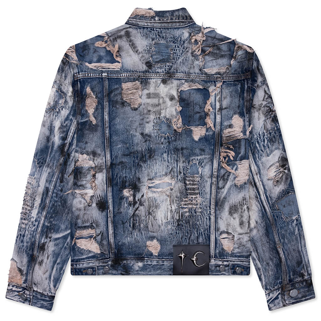 Hard-Washed Damaged Denim Jacket - Blue – Feature