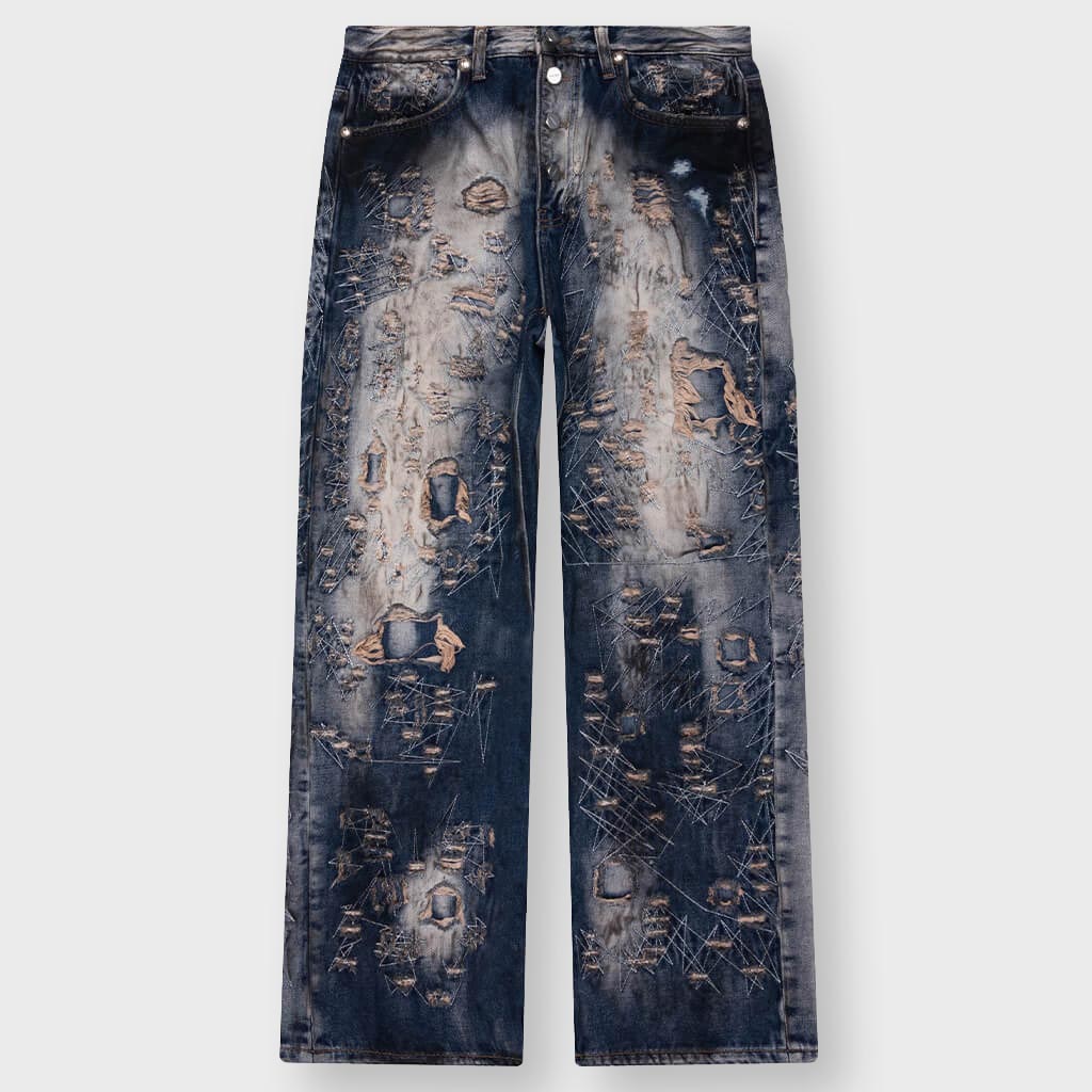 Hard-Washed Damaged Denim Pants - Blue – Feature