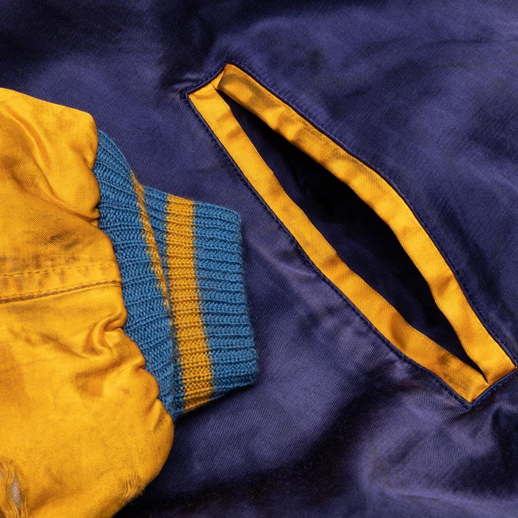 Navy Blue Varsity Jacket Navy Blue Leather Sleeves Yellow Stripes 2XL