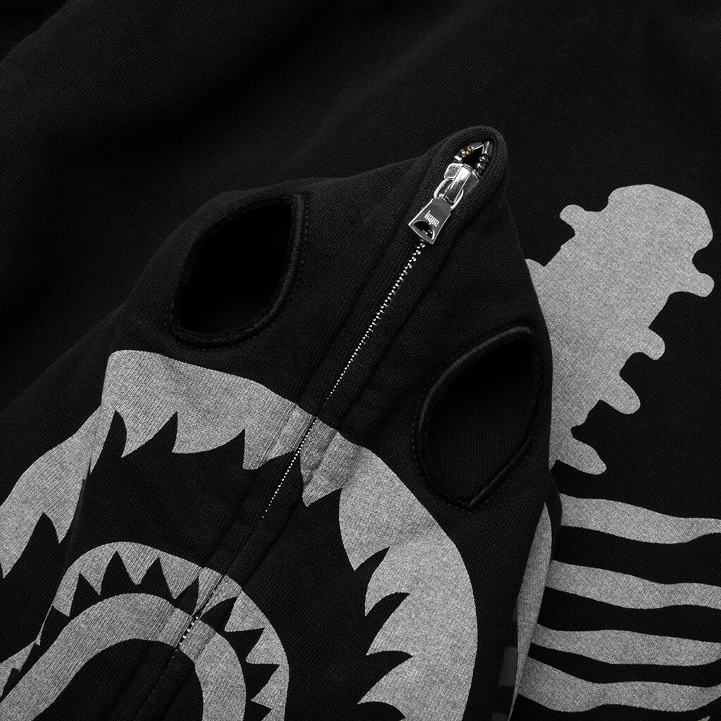 Skeleton Shark Heavy Washed Cropped Fit Full Zip Hoodie - Black