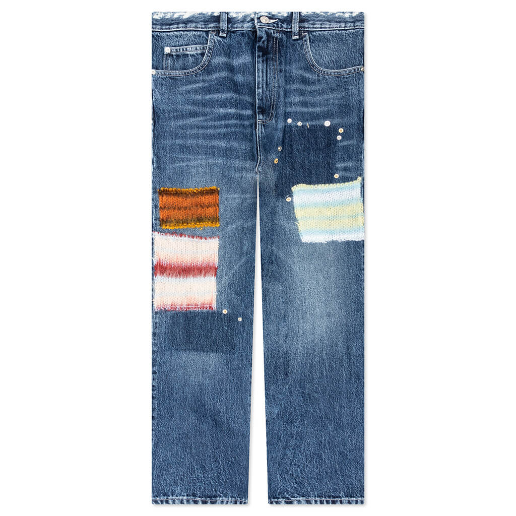 Blue denim trousers with velvet waistband