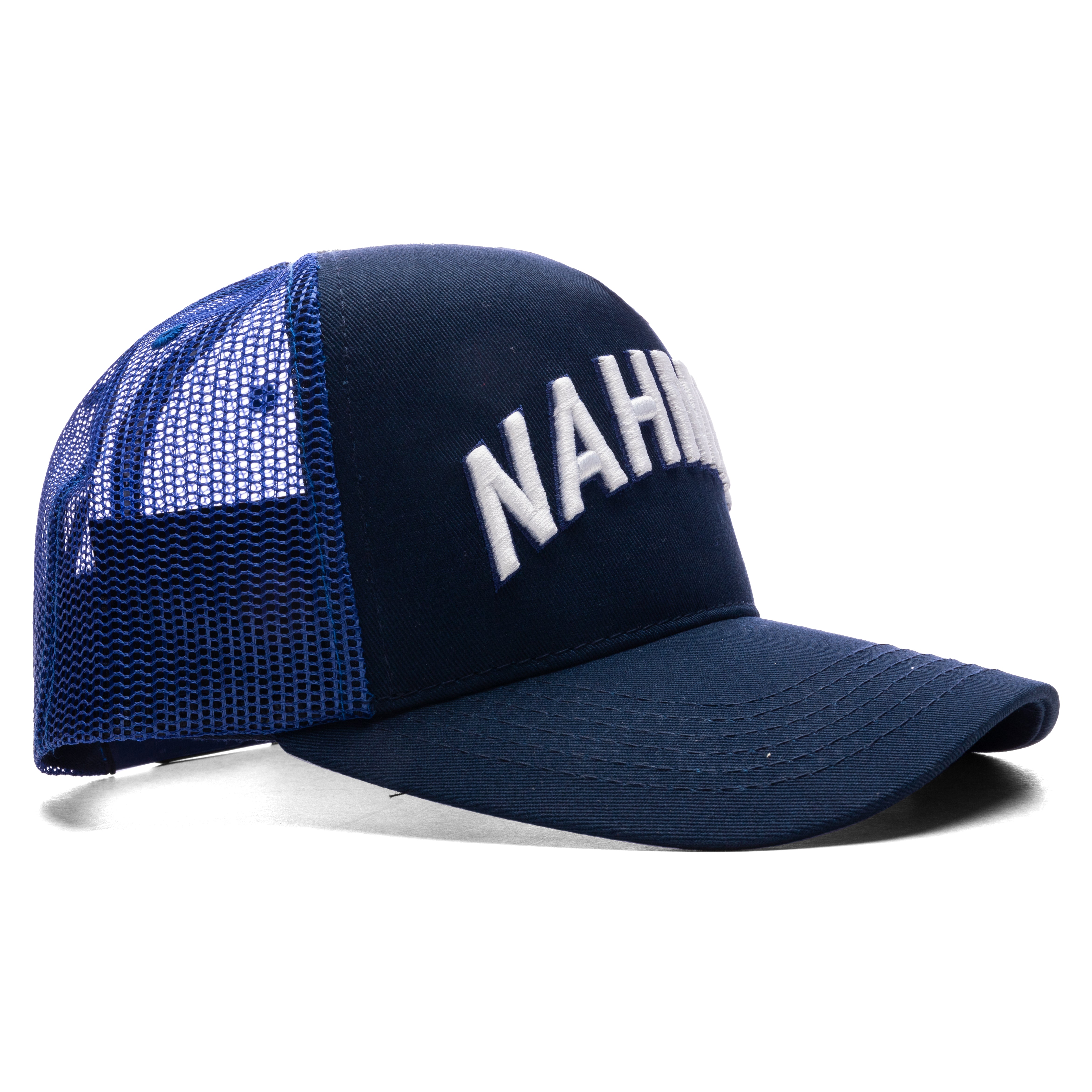 Varsity 'Nahmias' Trucker Hat -Azul Canvas – Feature