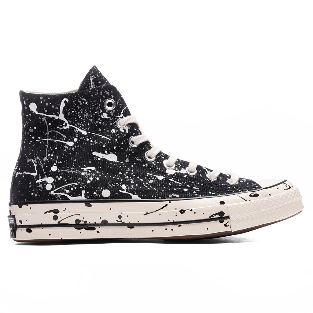 6.5W black Converse with red paint splattered on them.