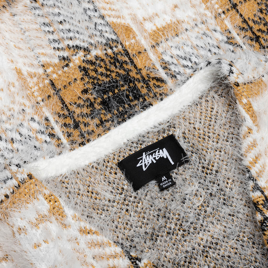 Hairy Plaid Cardigan   Gold – Feature