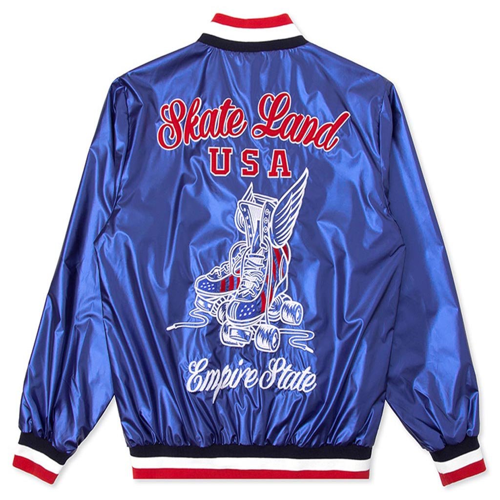 Wheels Up Varsity Jacket Royal – Feature