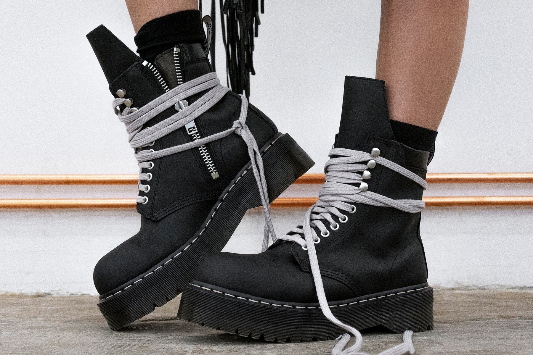 靴 26 Rick Owens Martens QUAD SOLE STEEL Steel Toe Quad Rick Owens Wraparound Lace Leather Platform Boots