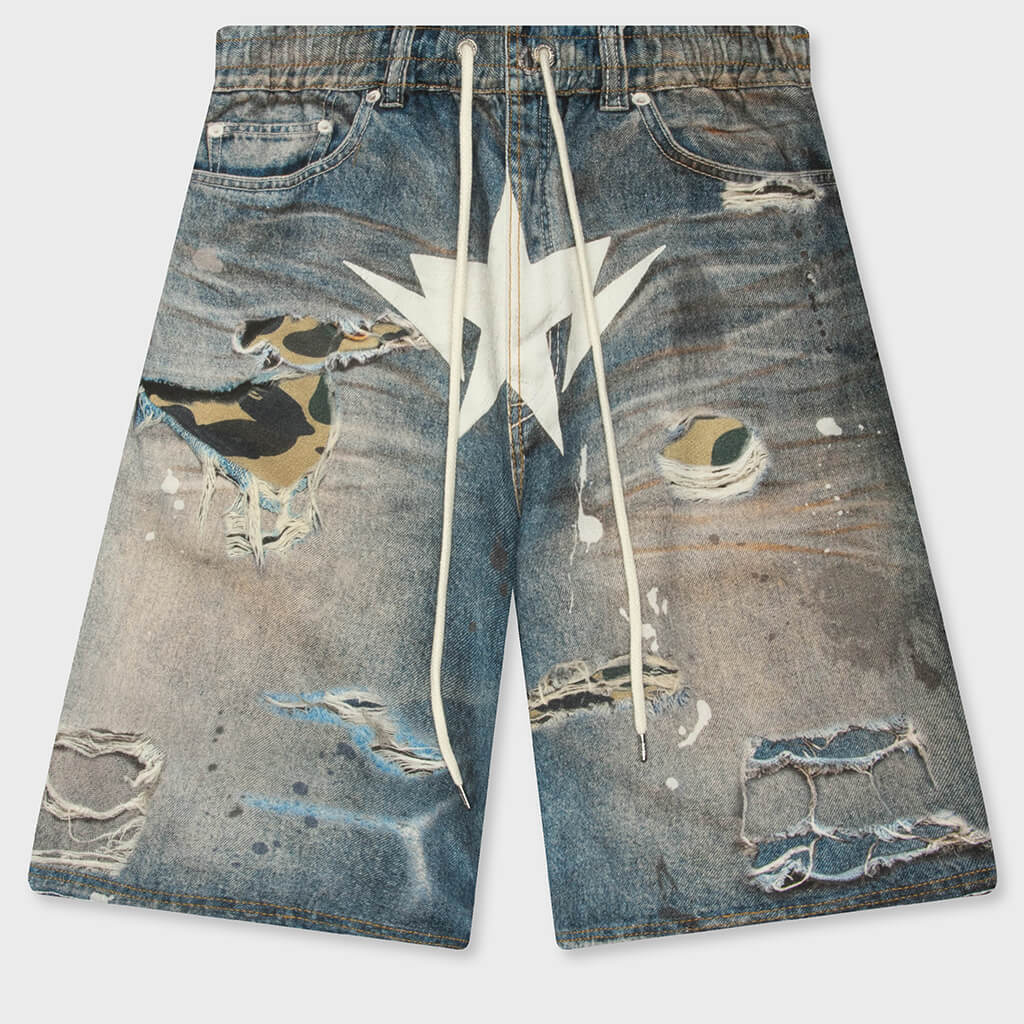 Bape STA Fake Print Relaxed Fit Shorts - Light Indigo
