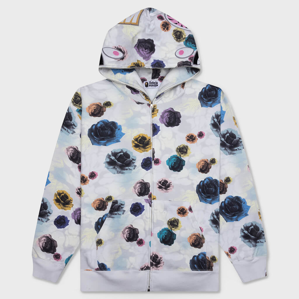 Floral Camo Shark Relaxed Fit Full Zip Hoodie - Ivory