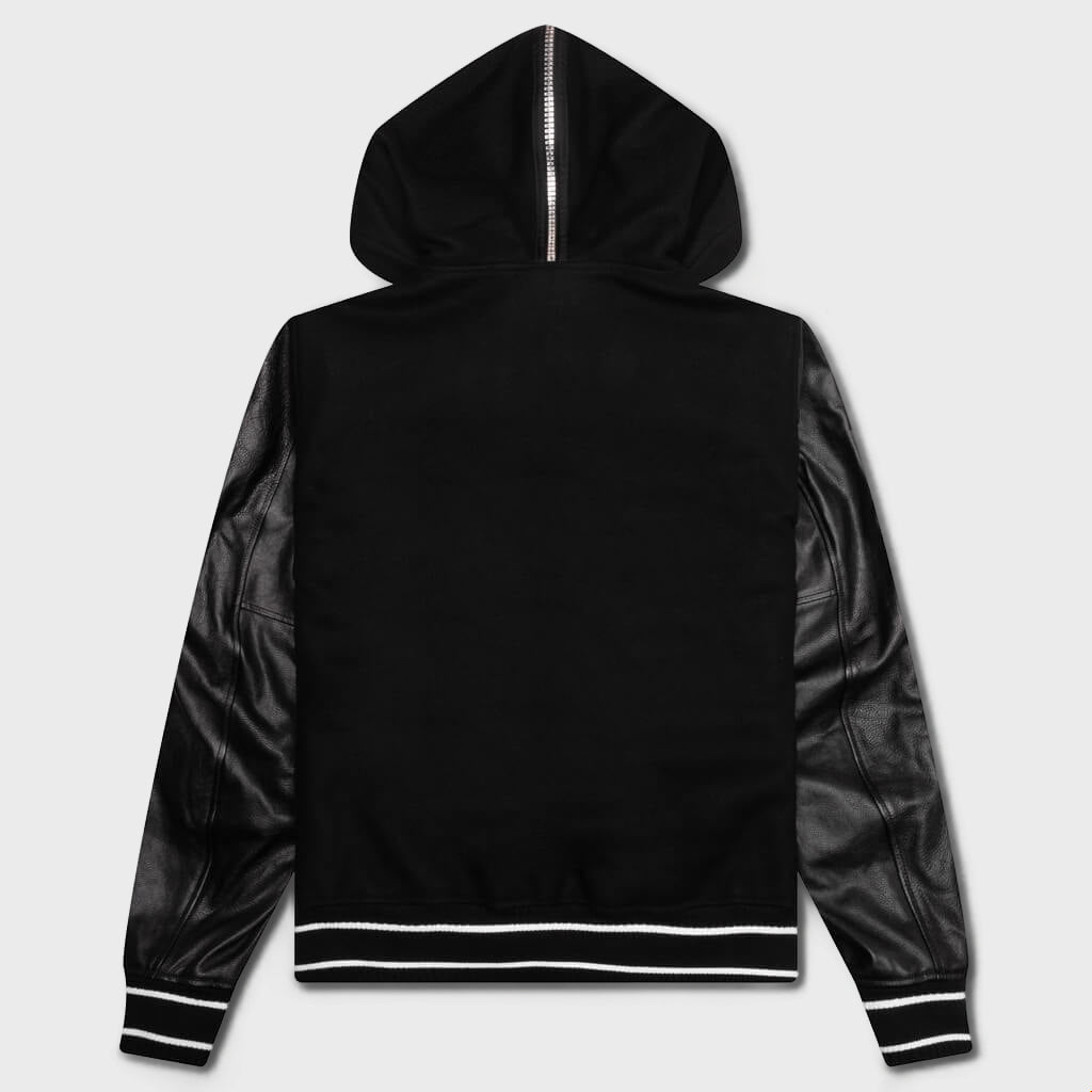 Hooded Varsity Jacket in Wool and Leather - Black – Feature