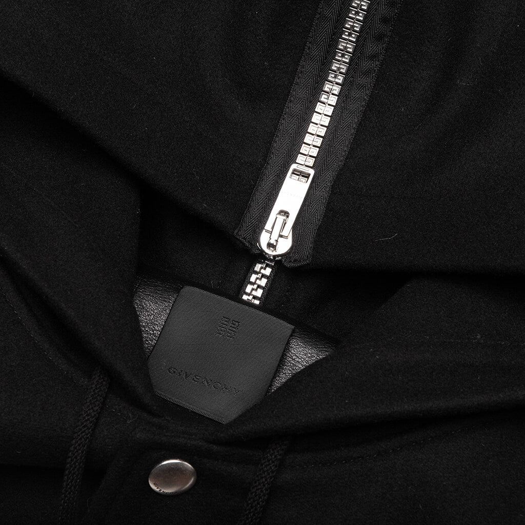 Hooded Varsity Jacket in Wool and Leather - Black – Feature