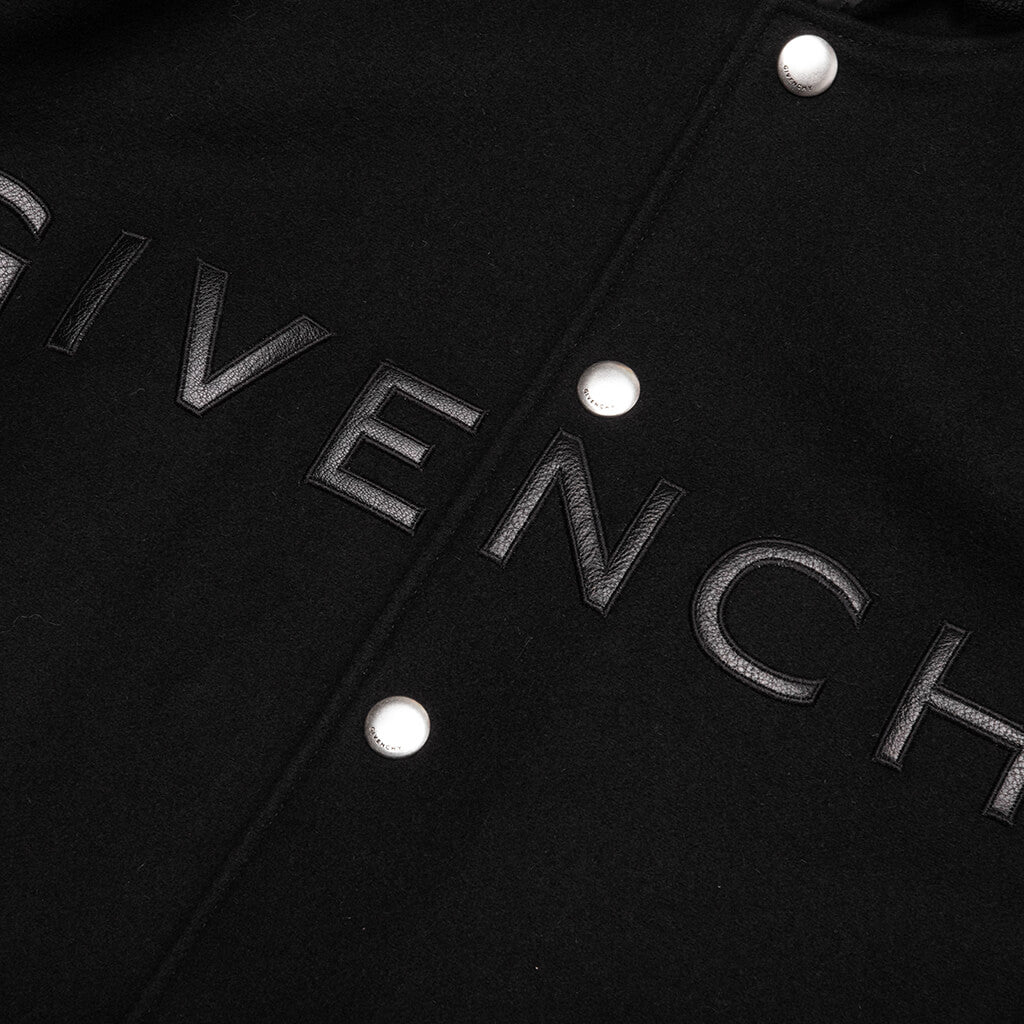 Hooded Varsity Jacket in Wool and Leather - Black – Feature