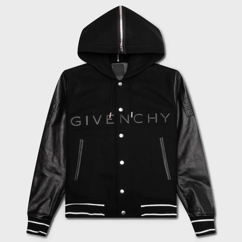 90s GIVENCHY angora×wool 2B jacket BLK Hooded Varsity Jacket in Wool and Leather - Black – Feature