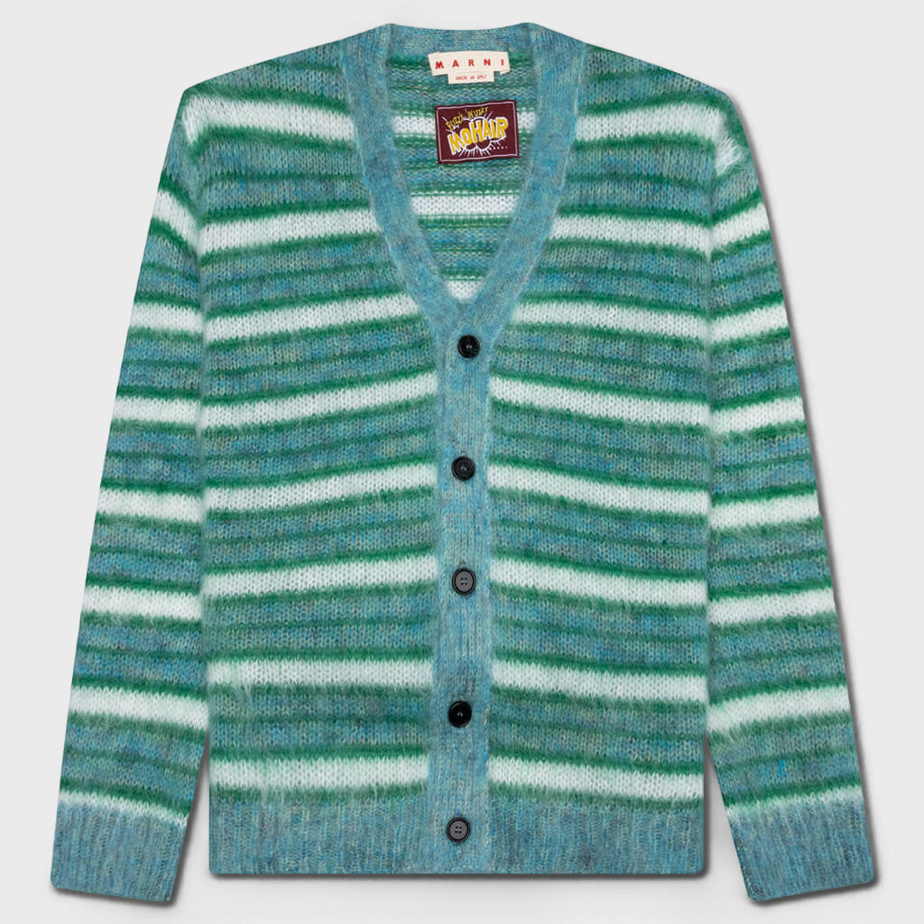 V-Neck Mohair Stripe Cardigan - Turquoise