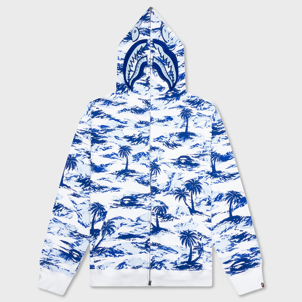 Palm Tree Camo Relaxed Fit Shark Full Zip Hoodie - Blue