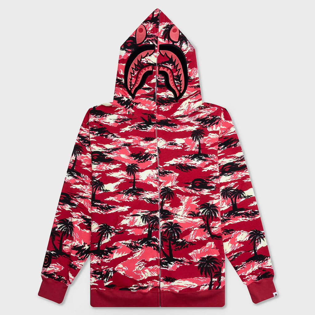 Palm Tree Camo Relaxed Fit Shark Full Zip Hoodie - Red