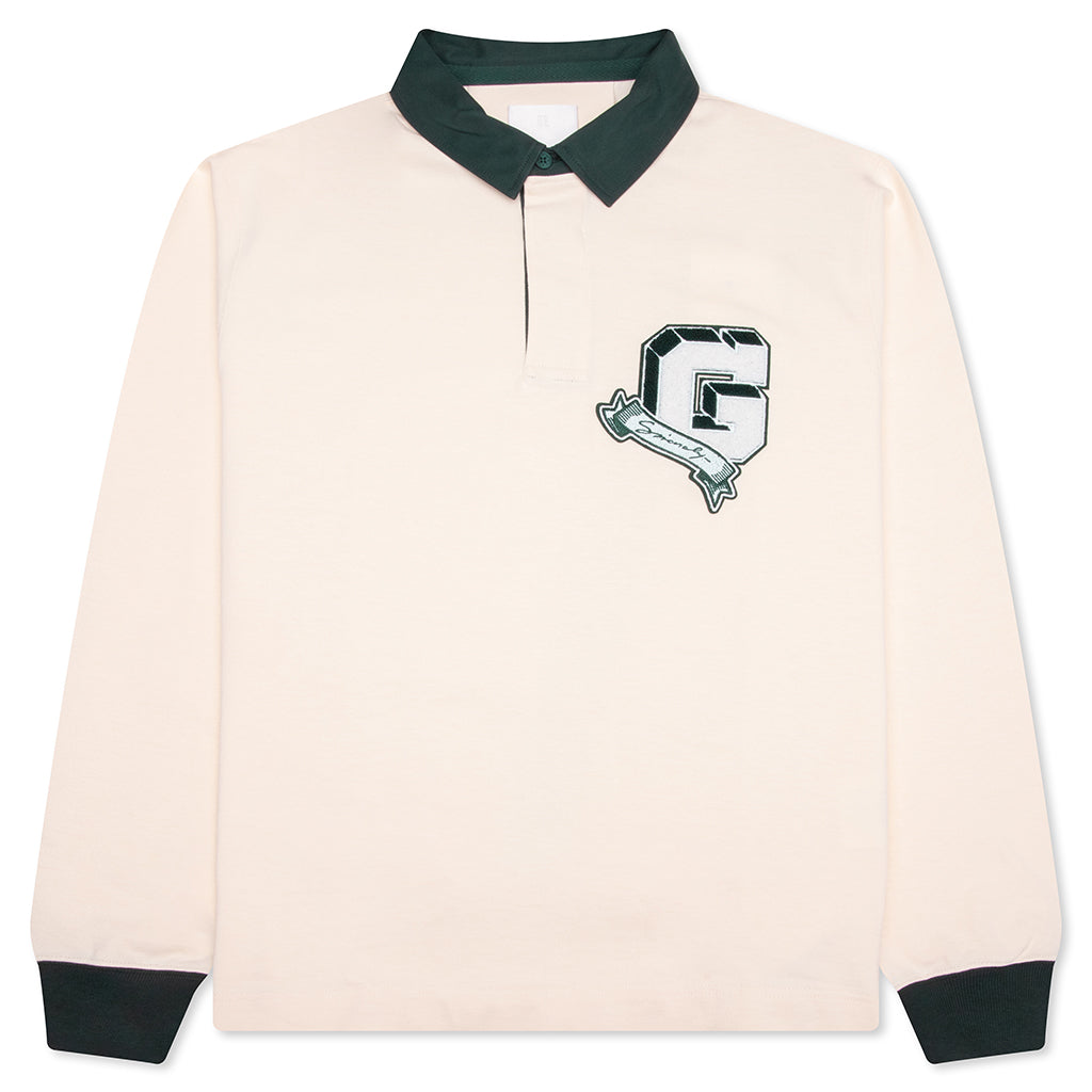 College Long Sleeve Polo - White/Green – Feature