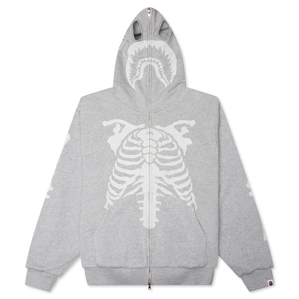 Skeleton Shark Heavy Washed Cropped Fit Full Zip Hoodie - Gray