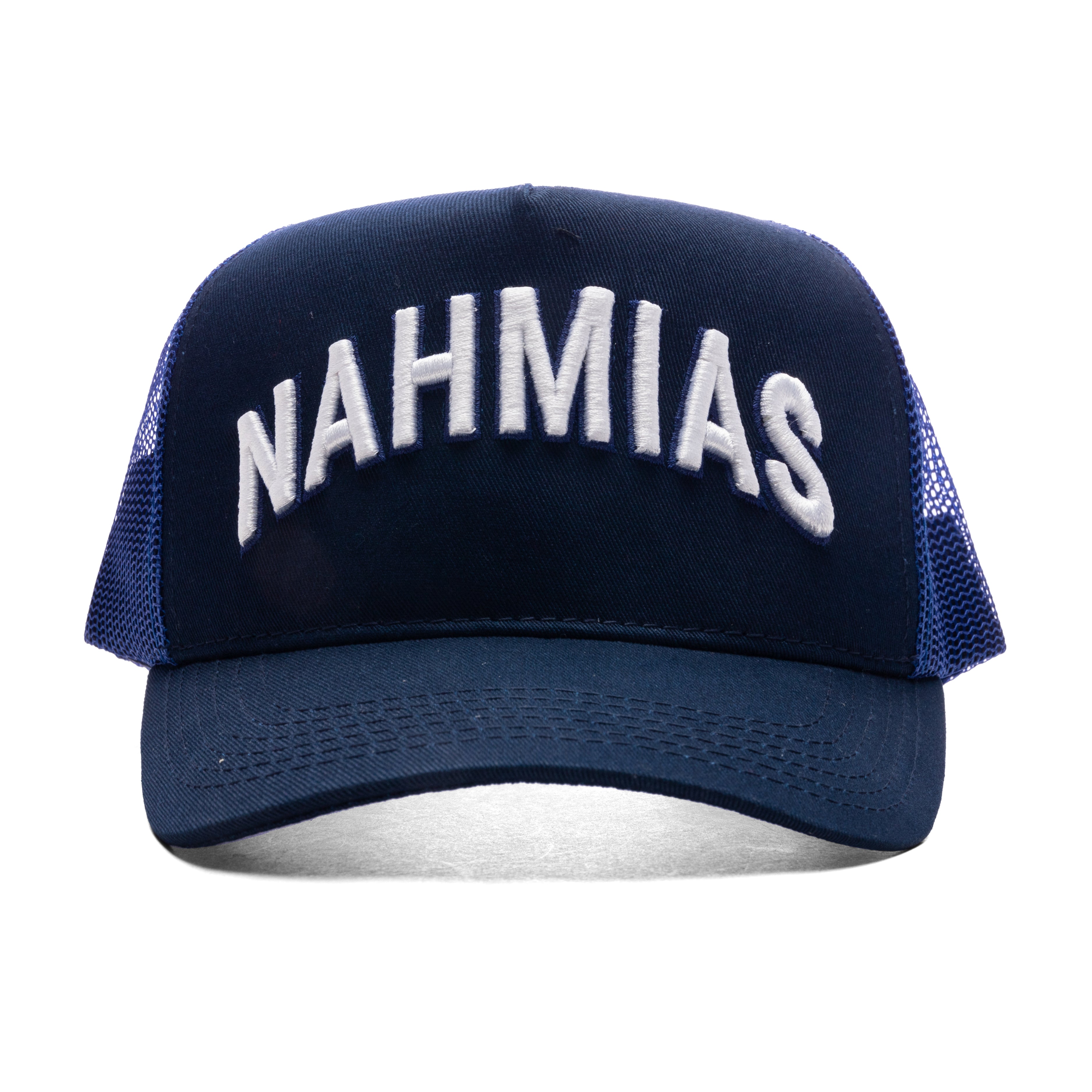 Varsity 'Nahmias' Trucker Hat -Azul Canvas – Feature