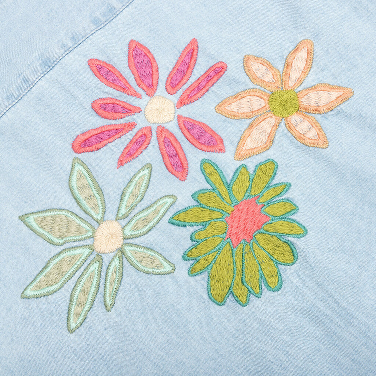Flower Embroidered Denim L/S Shirt - Light Blue – Feature