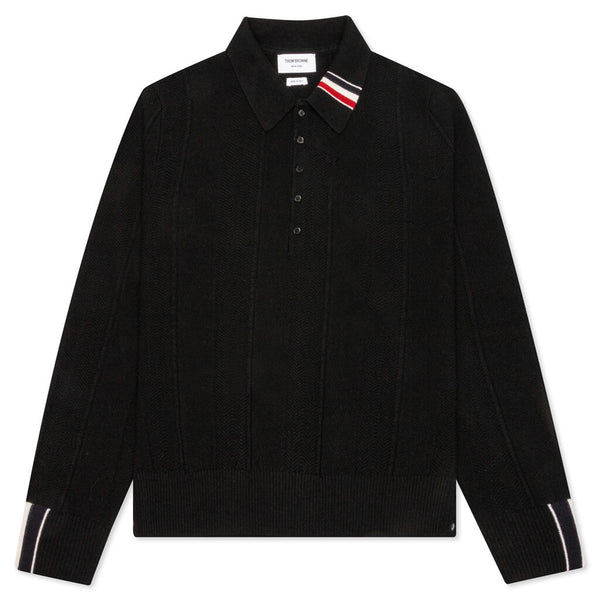 Thom Brown Wide Stripe Mixed Stitch Fine Merino Wool L/S Polo - Black