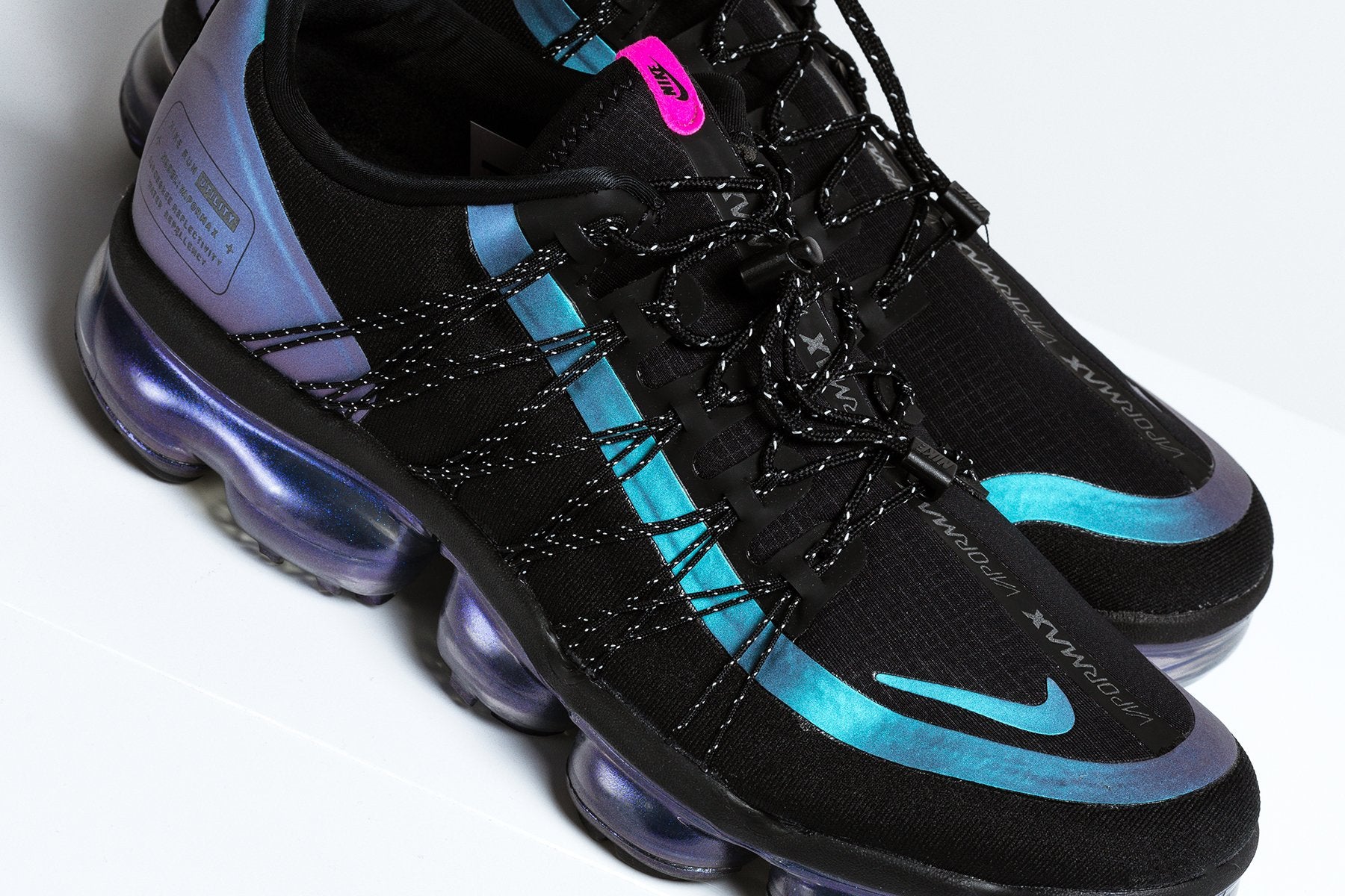 black & purple air vapormax run utility sneakers